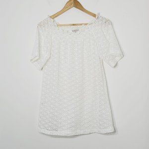 Joy Joy Sheer Lace Coquette Coverup Dress Short Sleeve White Ruffle Trim Elegant